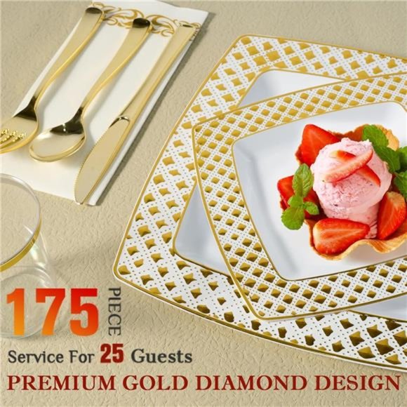 175 Piece Gold Dinnerware Set 25 Guest-50 Diamond Square Plastic Plates - Picture 4 of 7